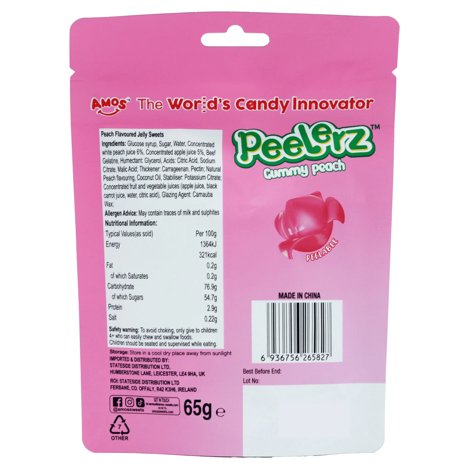Amos Peelerz Gummy Peach Peelable Candy (12 x 65g) - Image 3
