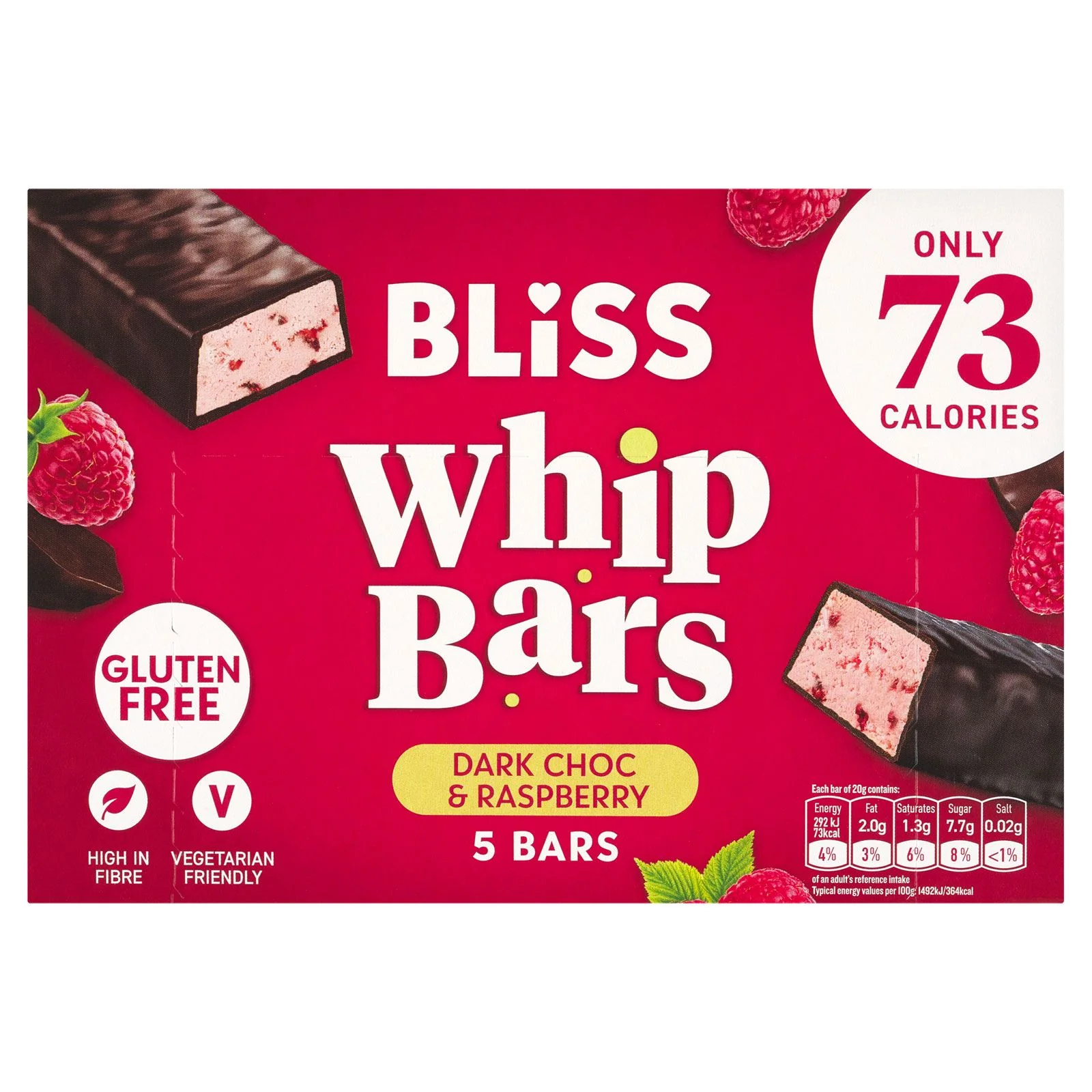 Bliss Dark Chocolate & Raspberry Whip Bars, Gluten Free, 5 Bars (12 x 110g) - Image 2