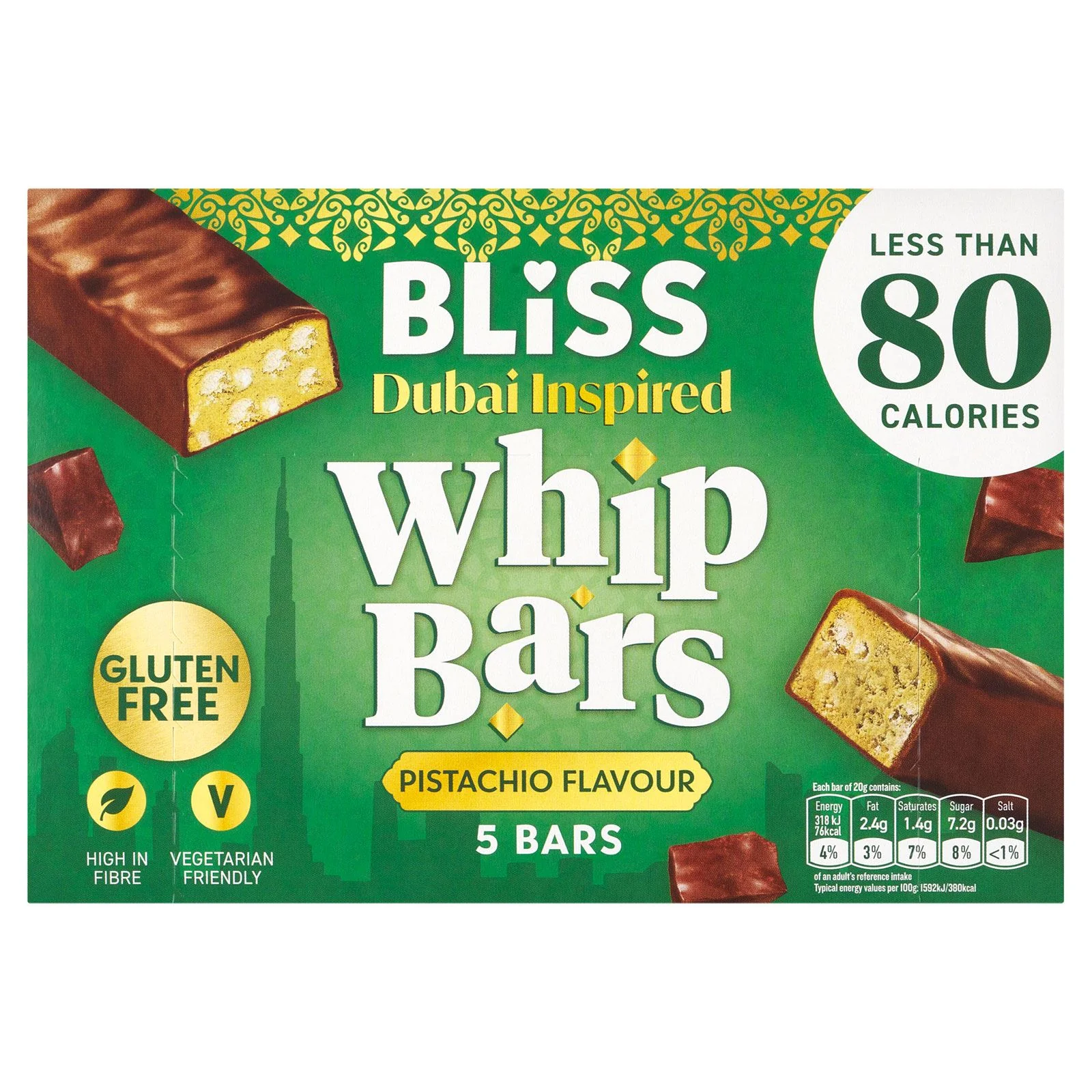 Bliss Dubai Inspired Whip Bars Pistachio Flavour, 5 Bars (12 x 100g) - Image 2