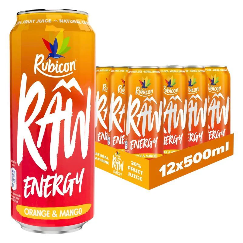 Rubicon Raw Energy Drink Orange & Mango (12 x 500ml)