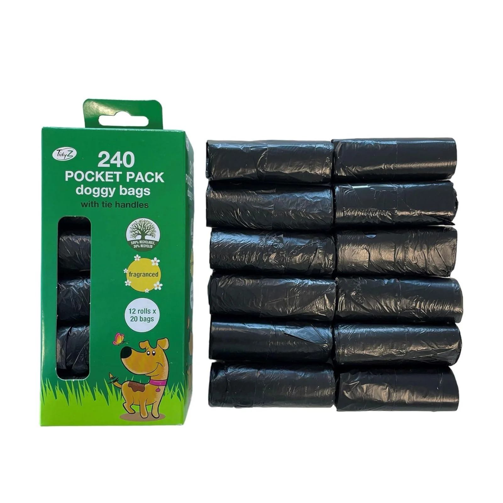TidyZ Doggy Bags with Tie Handles, Pocket Pack,Fragranced Black (12 rolls of 20 Bags) 240 Pack - Image 2